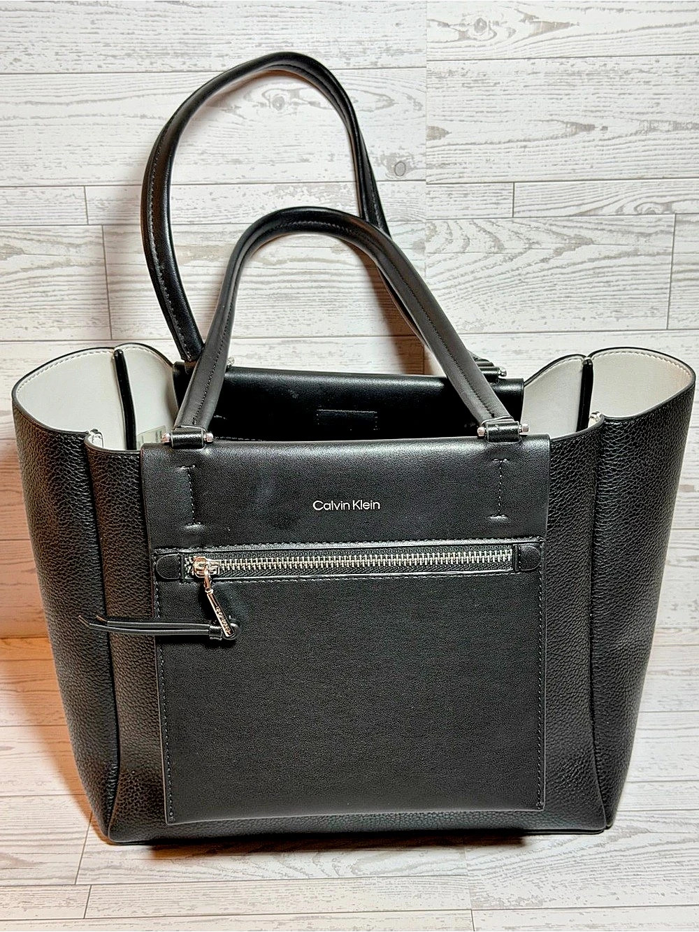 Calvin Klein Black Large Tote Handbag Front Zip Pocket Silver Hardware Work Bag